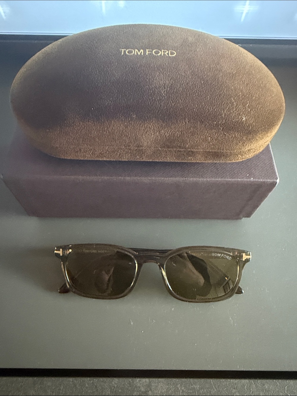 Tom Ford Dark Brown Rectangular Sunglasses with Branded Case